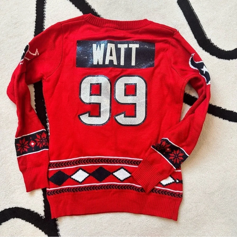 NFL team apparel Houston Texans JJ Watts crewneck red long sleeve knit sweater - Picture 3 of 7